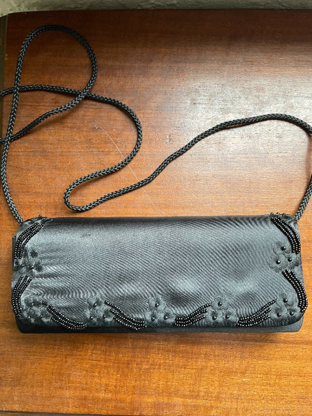 NYT Lites Black Satin Beaded Evening Bag / Clutch Shoulder Purse